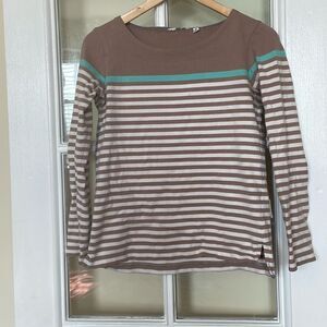Uniqlo women’s brown white mint striped long sleeve boat neck t shirt size XS